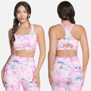 Sporty Floral Print Bra with Front Zipper and Racerback Design