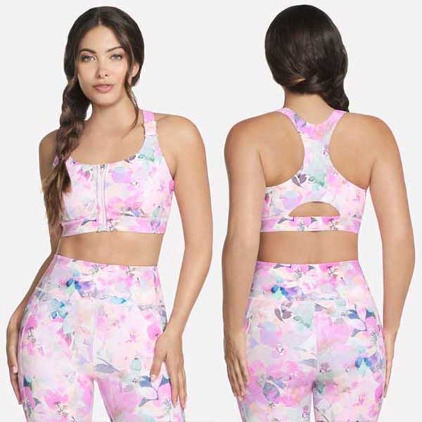 Sporty Floral Print Bra with Front Zipper and Racerback Design